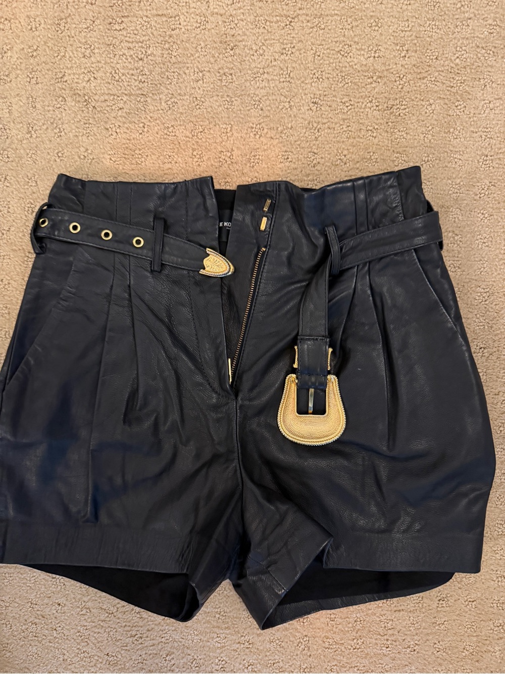 The Kooples Black High-Waist Leather Shorts with Gold Buckle